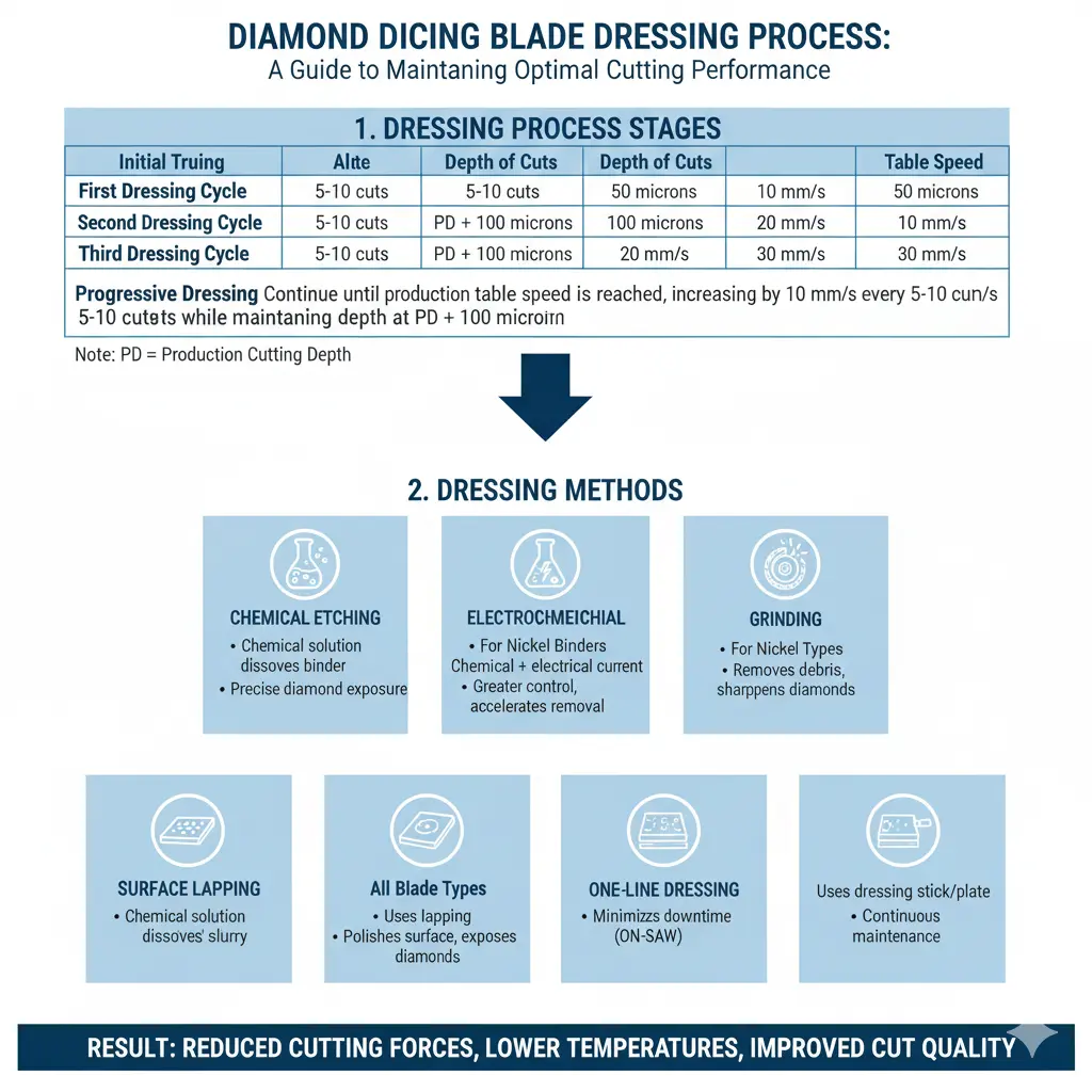 Dressing process for diamond dicing blades presented in a table format: