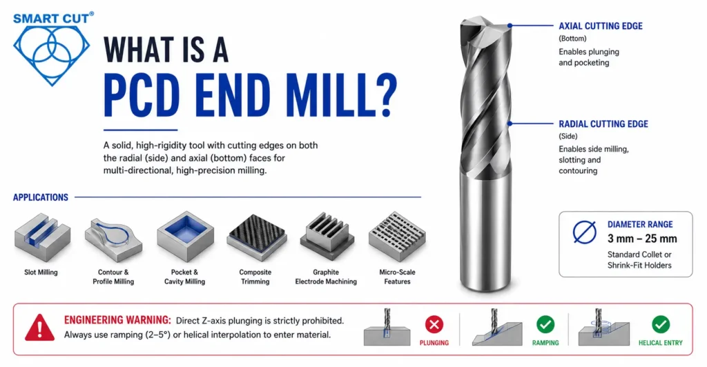 A PCD (Polycrystalline Diamond) end mill is a high-performance cutting tool