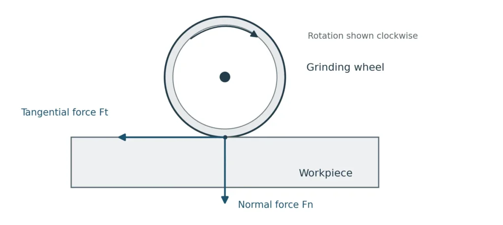 Forces shown act on the workpiece at an idealized contact. Forces on the wheel act in opposite directions. The schematic is not a mounting or machine setup drawing